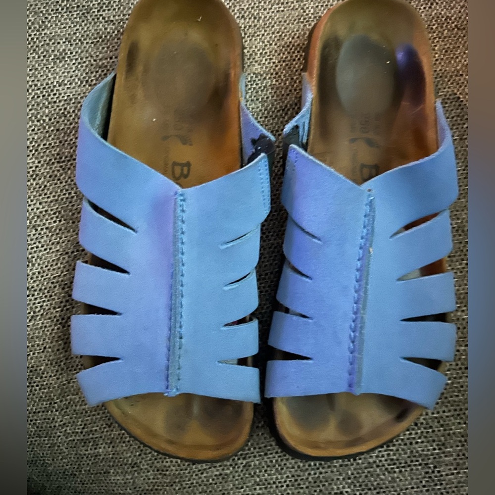 Betula Birkenstock Betty Blue Slide On Nancy cut out Sandals with sealed cork.